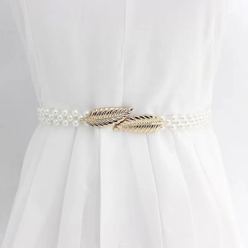 Faux Pearl Belt Women's Metal Leaf Elastic Pearl Waist Chain Women's Decoration For Dress Elastic Belt