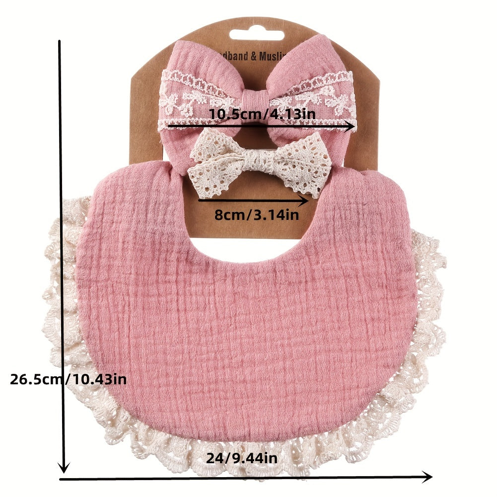 Two Headbands + One Bib Set, New Baby Bib, Kids Lace Bow Headband, Baby Crepe Stain Resistant Bib Set