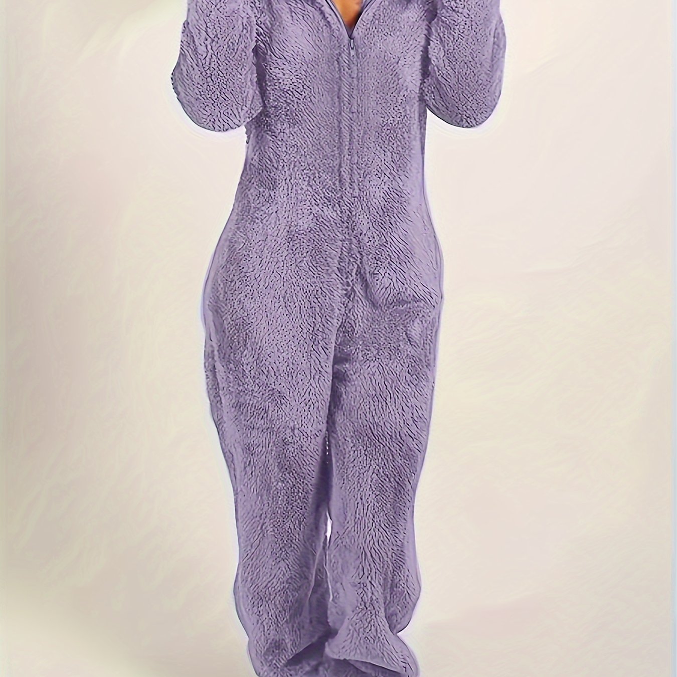 Fuzzy Hooded Pajama Jumpsuit For Music Festival, Comfy & Cute Long Sleeve Zipper Pajamas, Women's Lingerie & Sleepwear