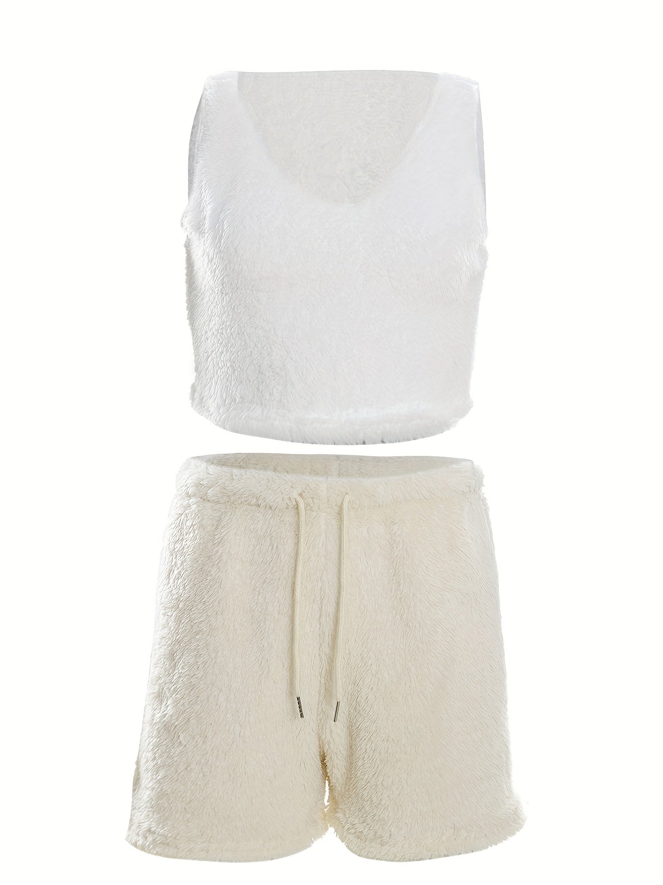 Warm Fuzzy Pajama Set, Long Sleeve Hooded Robe & Tank Top & Drawstring Shorts, Women's Sleepwear & Loungewear