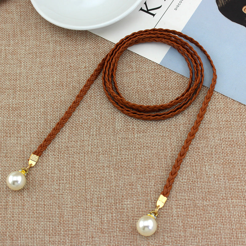 Braided Thin Belt Women's Decor Waist Rope Women's Sweet Dress Tie Waist Chain Skirt With Pearl Waist Accessories
