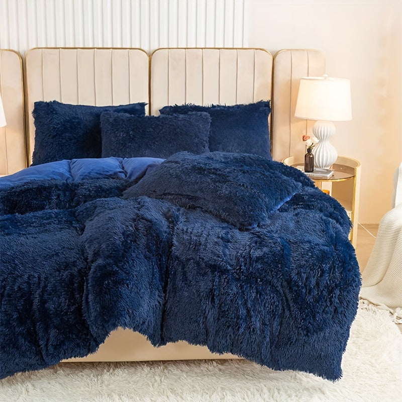 [Plush Duvet Cover Set] 3pcs Multicolor Plush Duvet Cover Set - Soft And Warm Bedding For Bedroom, Guest Room, And Dorm Decor