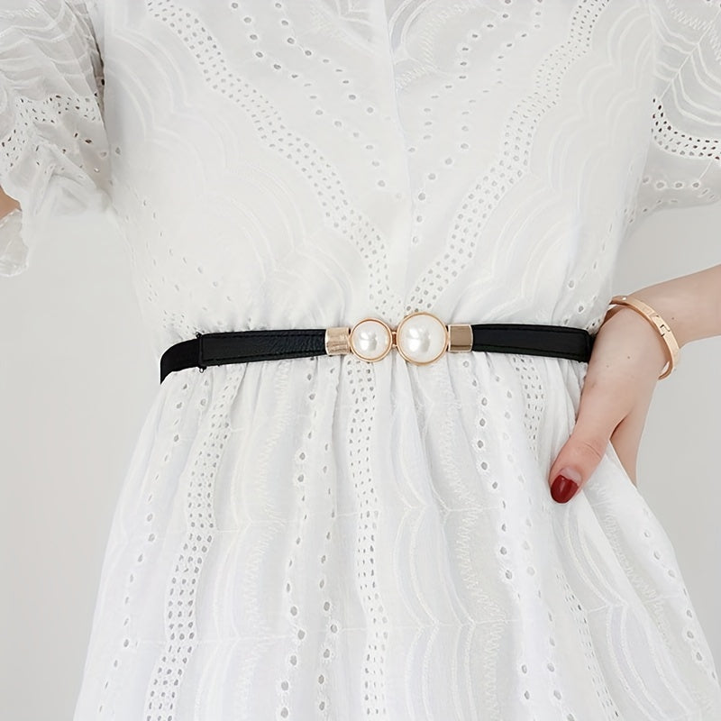 Faux Pearl Elastic Thin Belt, Women's Decoration For Dress, Fashion Simple Women's Buckle Thin Belt