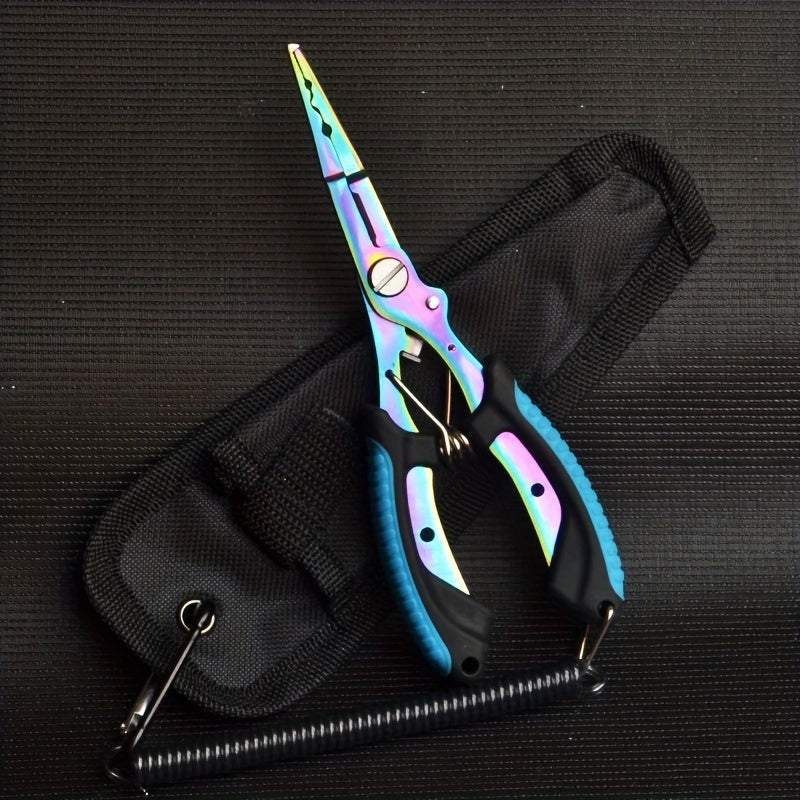 [Stainless Steel Fishing Pliers] Multi-Function Stainless Steel Fishing Pliers - Hooked Bent Nose - Color Titanium Open Ring Line Cutter - Lead Pressing Anti-Slip Handle