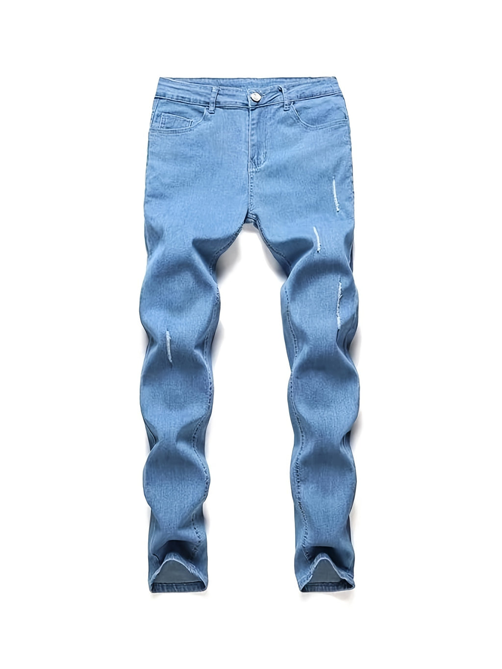 Slim Fit Distressed Cotton Jeans, Men's Casual Street Style Solid Color Washed Mid Stretch Denim Pants For Spring Summer