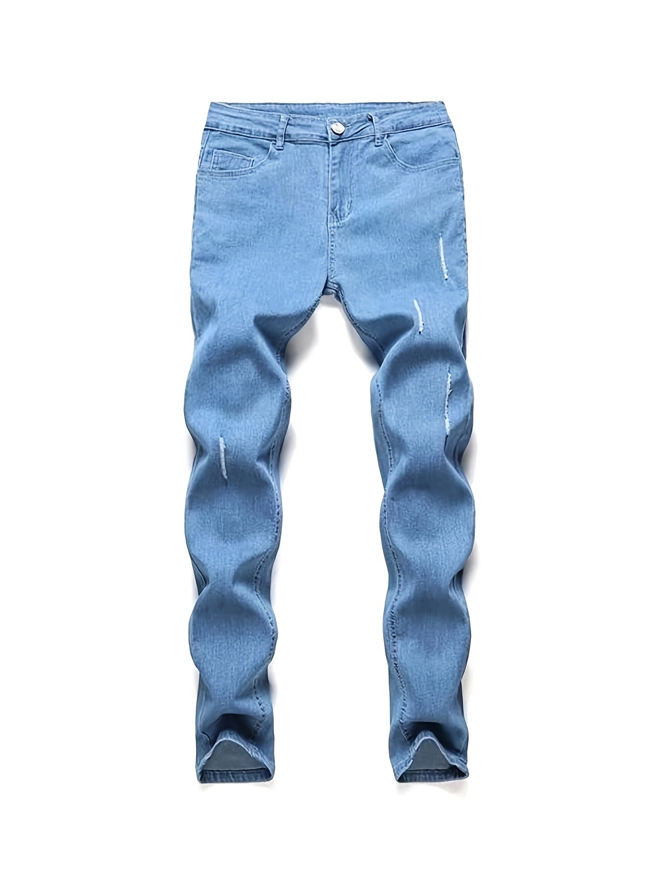 Slim Fit Distressed Cotton Jeans, Men's Casual Street Style Solid Color Washed Mid Stretch Denim Pants For Spring Summer