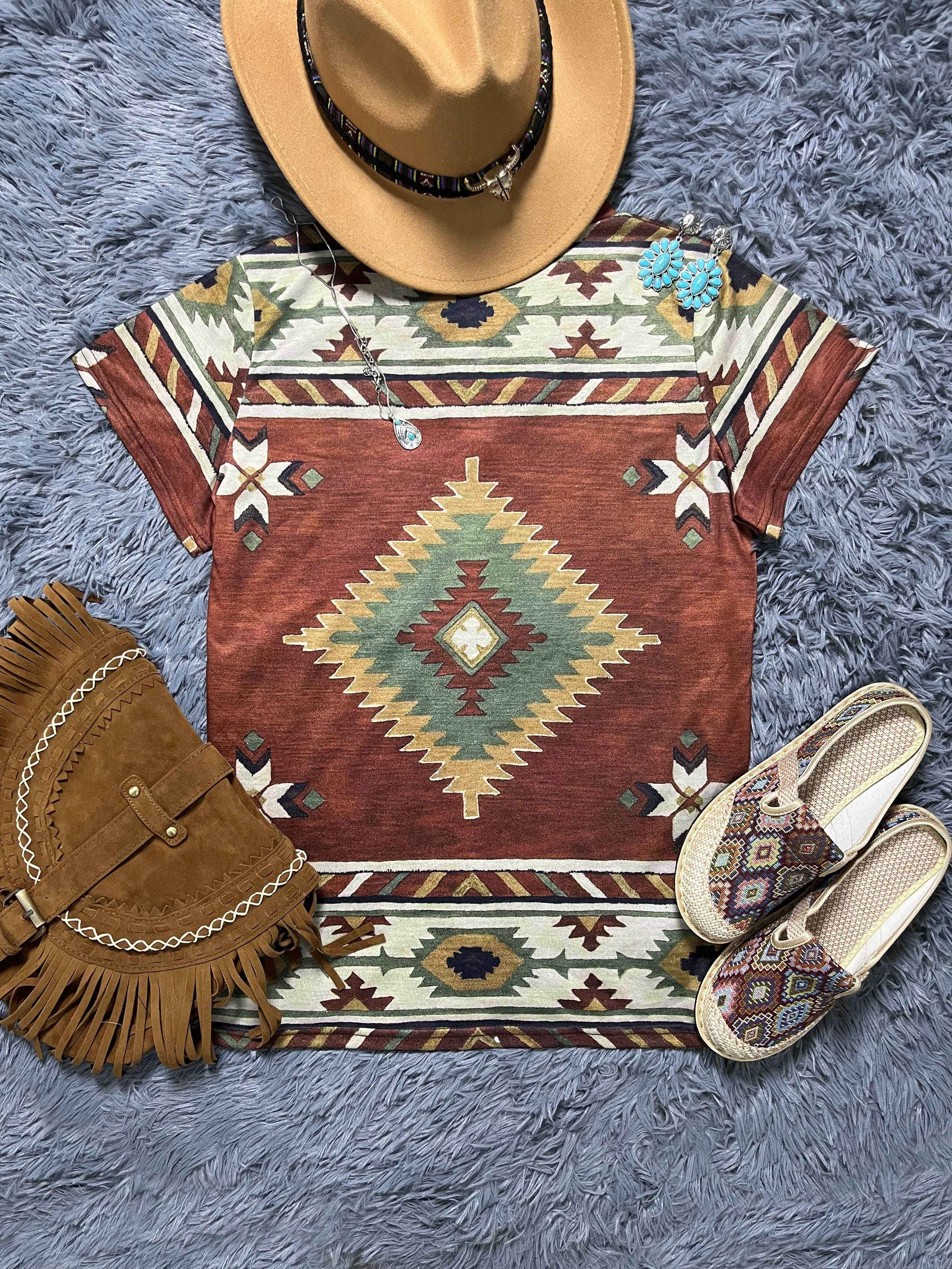 Western Geo Print V Neck T-Shirt, Casual Short Sleeve T-Shirt For Spring & Summer, Women's Clothing