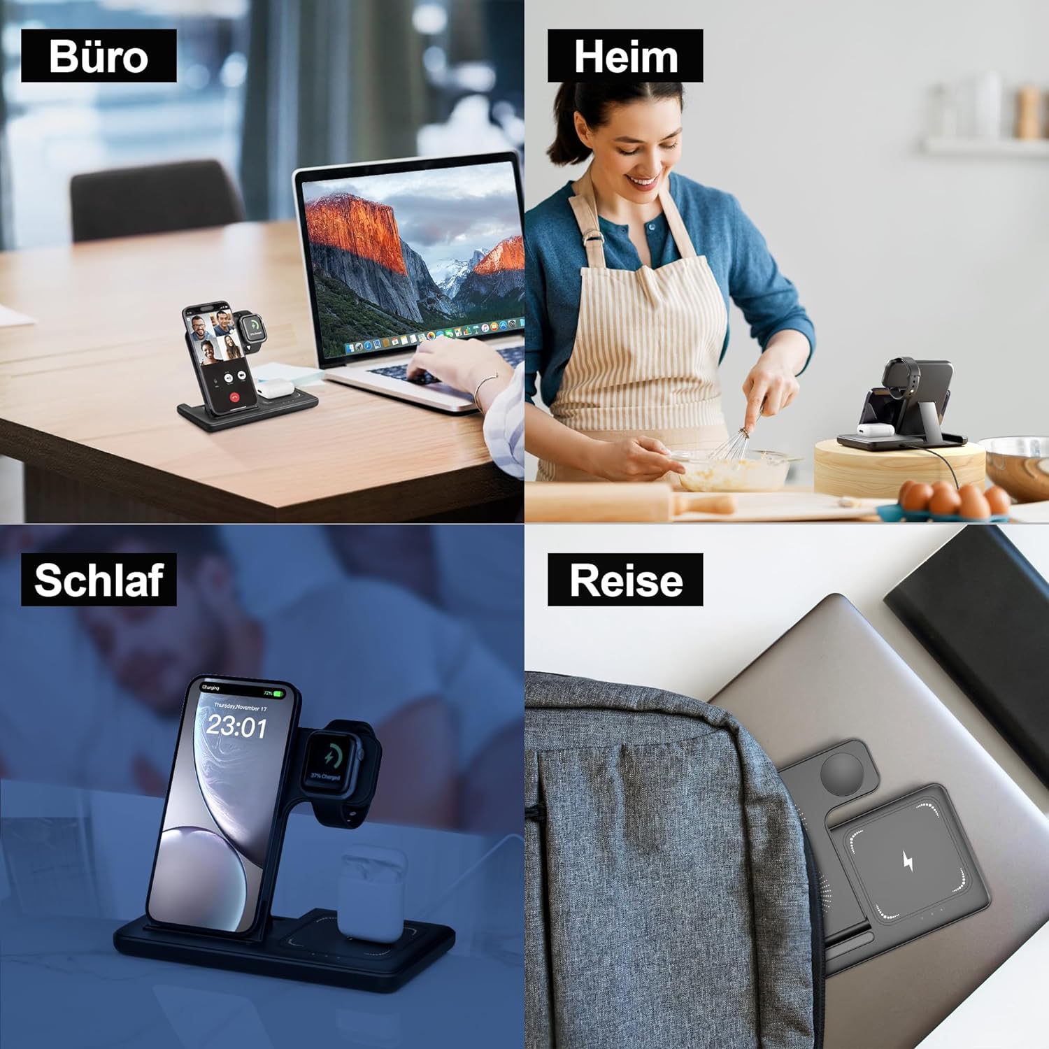 Wireless Charger, 3 in 1 Charging Station, With Adapter，15W Qi Fast Foldable Magnetic Stand Dock Replacement for iPhone 16 15 14 13 12 11 Pro Max XS XR X, iWatch 10 9 8 7 6 5 4 3 SE, AirPods 4 3 Pro (With Adapter)