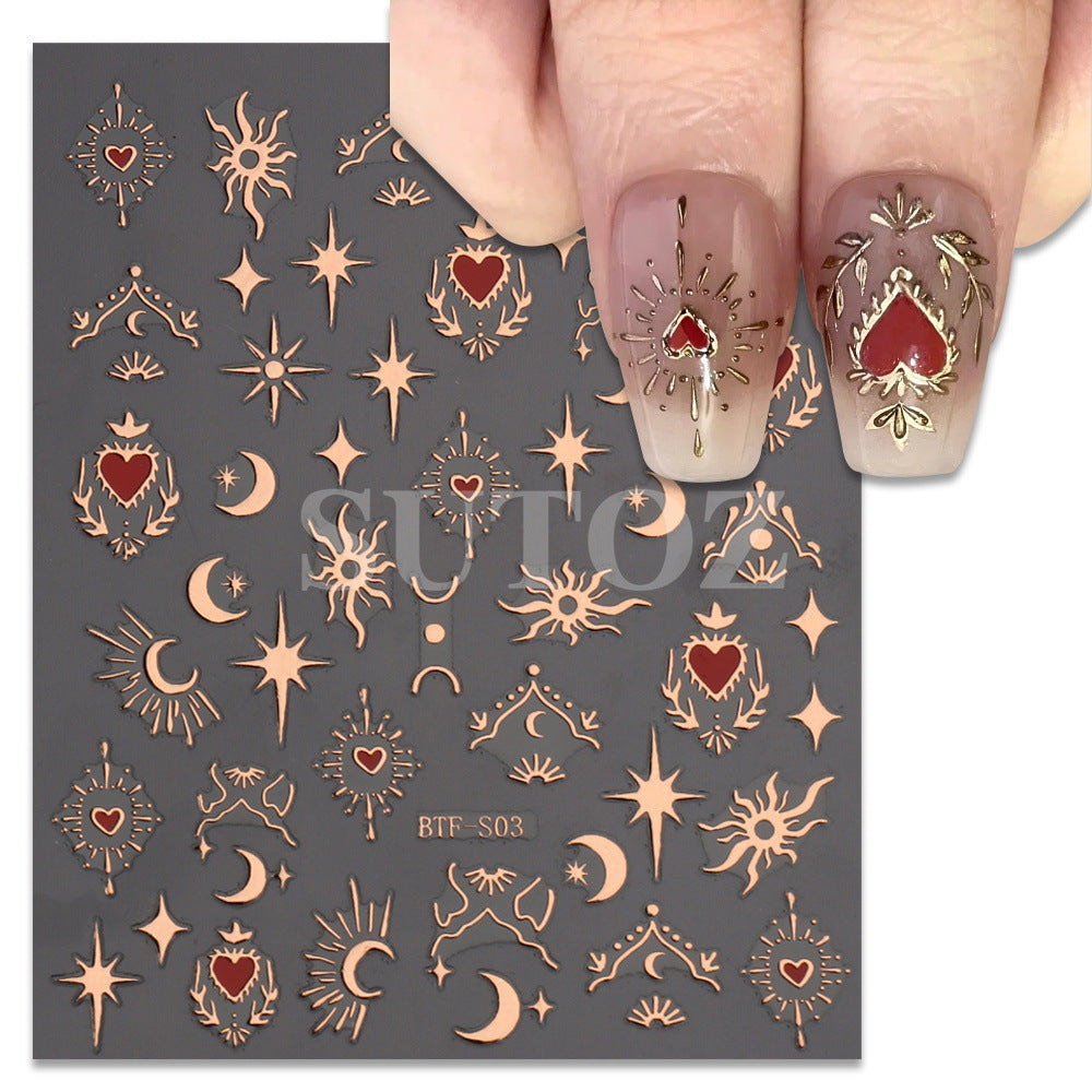Golden Sun, Moon, and Star Nail Art Stickers - Self-Adhesive 3D Decals for French Nail Design and DIY Decoration