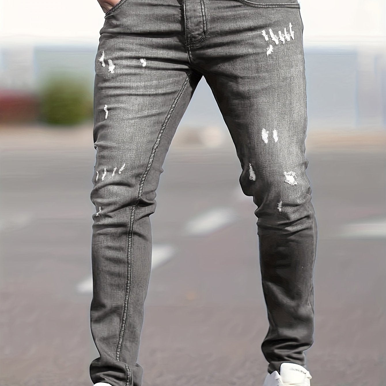 Slim Fit Ripped Jeans, Men's Casual Street Style Distressed Medium Stretch Denim Pants