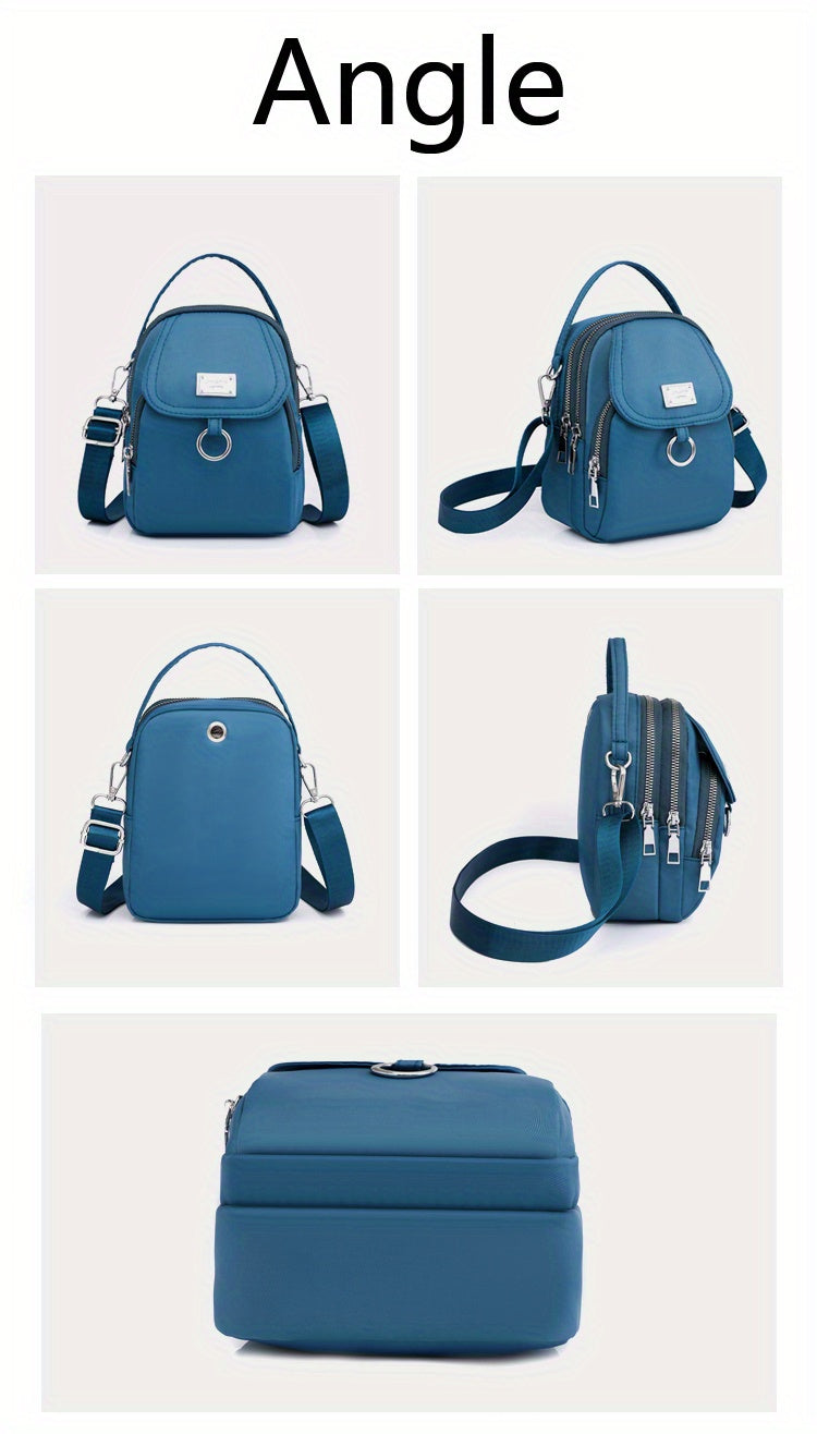 OGEHUAFEE Women'S Light Blue Nylon Shoulder Bag - Casual Mini Crossbody with Adjustable Strap, Multi-Layer, External Headphone Hole, Solid Color, Secure Zip Closure, Small Crossbody Bag