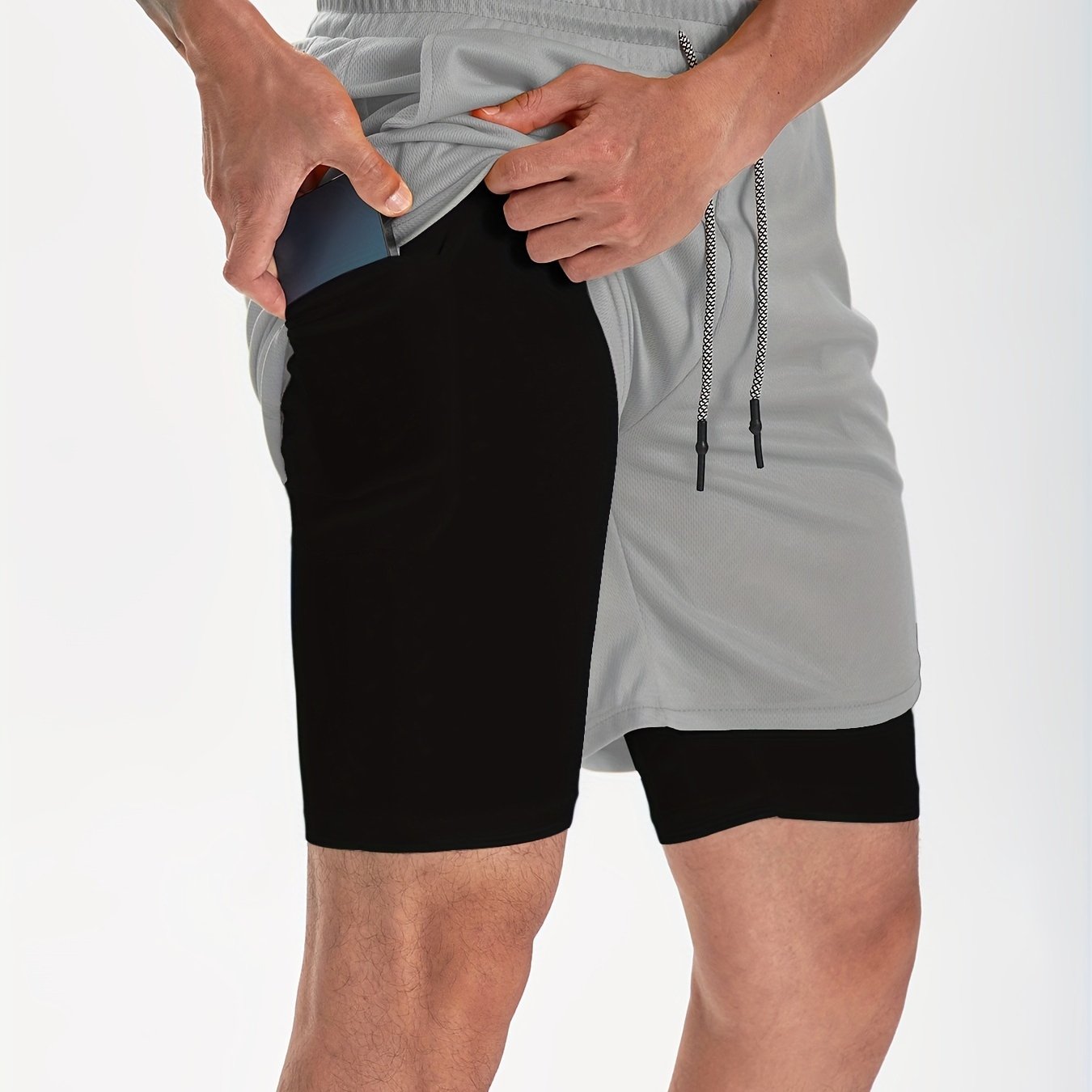 Men's 2 In 1 Workout Running Shorts, Quick Dry Athletic Gym Training Multicolor Shorts With Phone Pockets