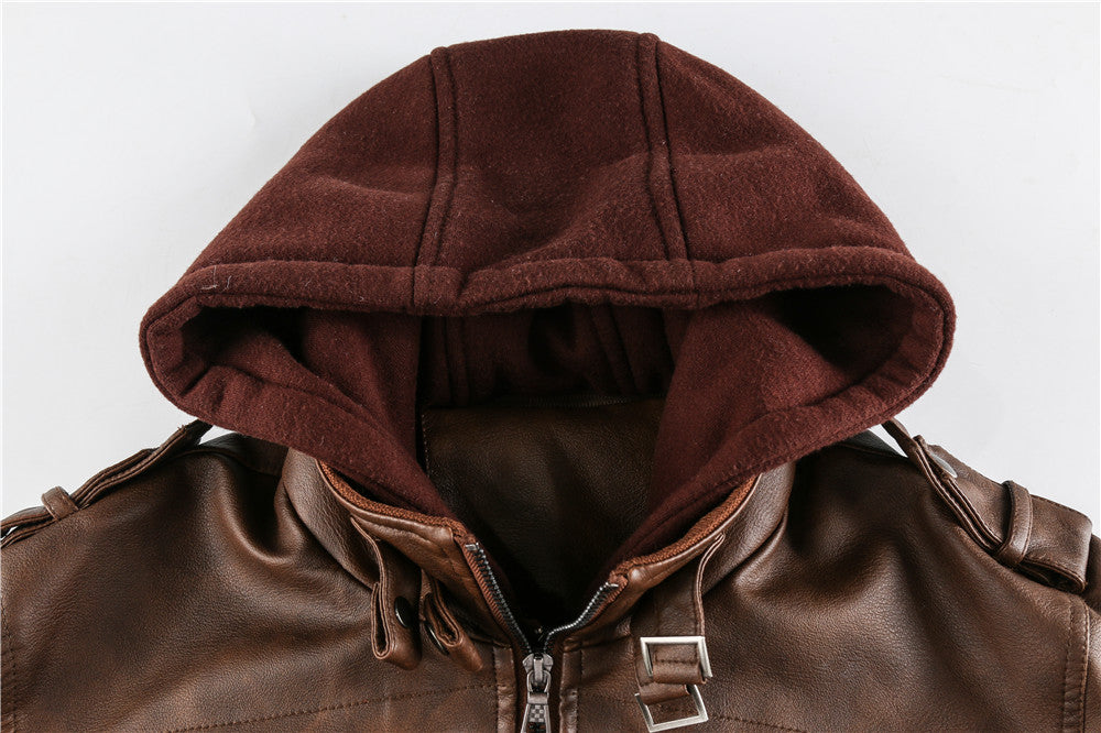 Men's PU Leather Hooded Pockets Zipper Long Sleeves Jackets
