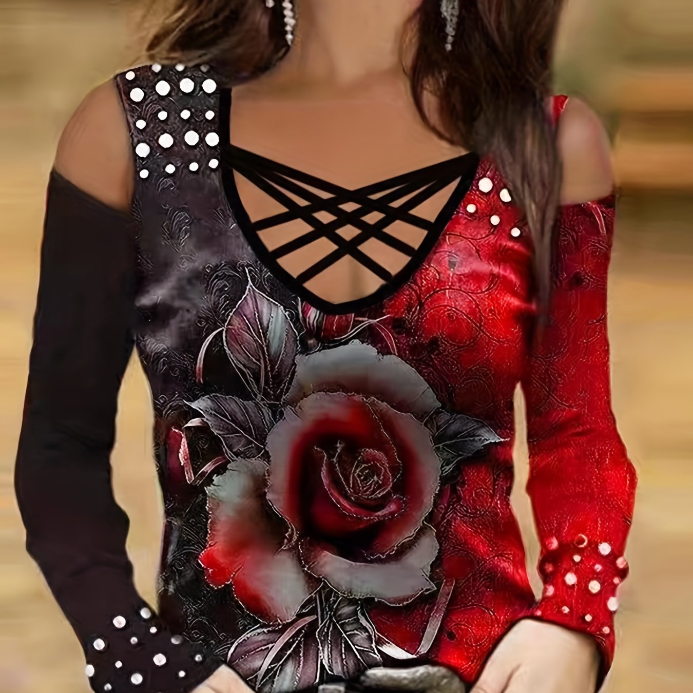 Women's Floral Print Color Block T-Shirt, Casual V-Neck Long Sleeve T-Shirt, Casual Every Day Tops, Women's Clothing