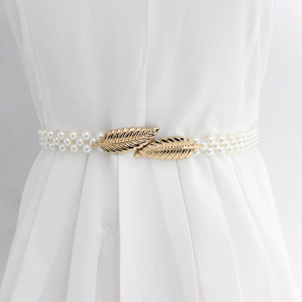 Faux Pearl Belt Women's Metal Leaf Elastic Pearl Waist Chain Women's Decoration For Dress Elastic Belt