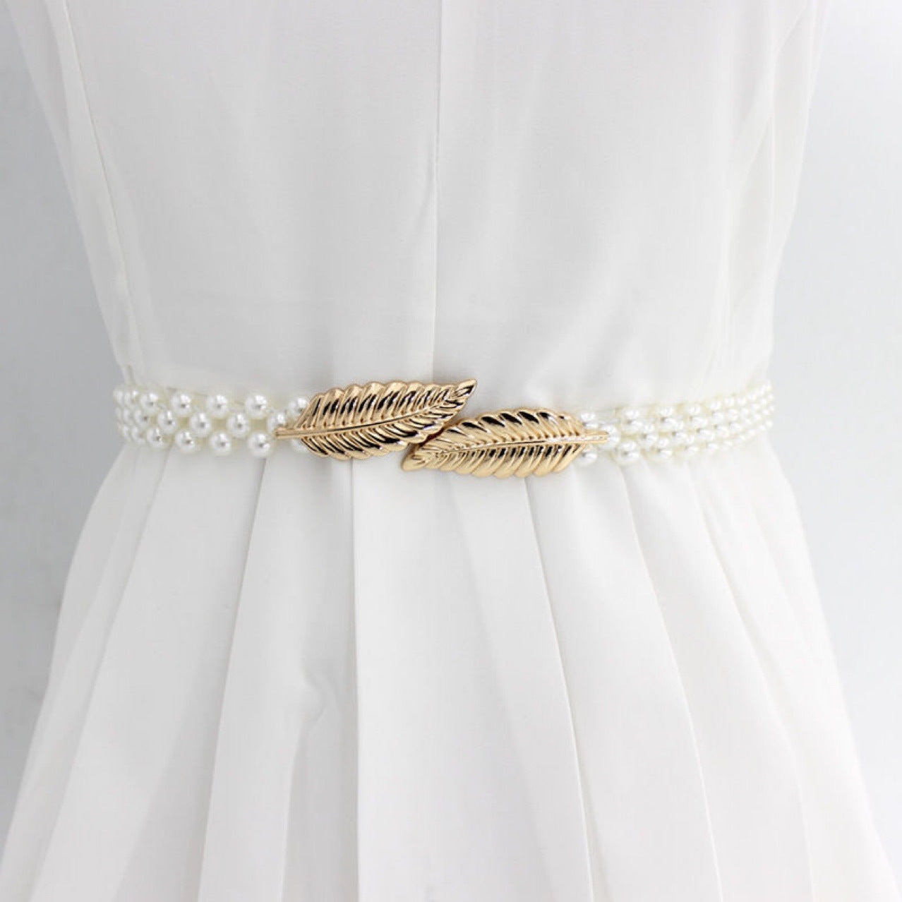 Faux Pearl Belt Women's Metal Leaf Elastic Pearl Waist Chain Women's Decoration For Dress Elastic Belt
