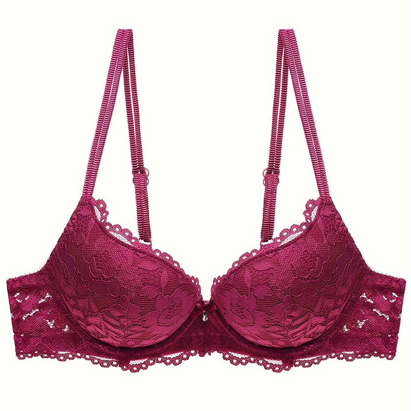 Lace Mesh Hollow Everyday Bra, Comfort & Mature Double Strap Thick Cup Push Up Intimates Bra, Women's Lingerie & Underwear