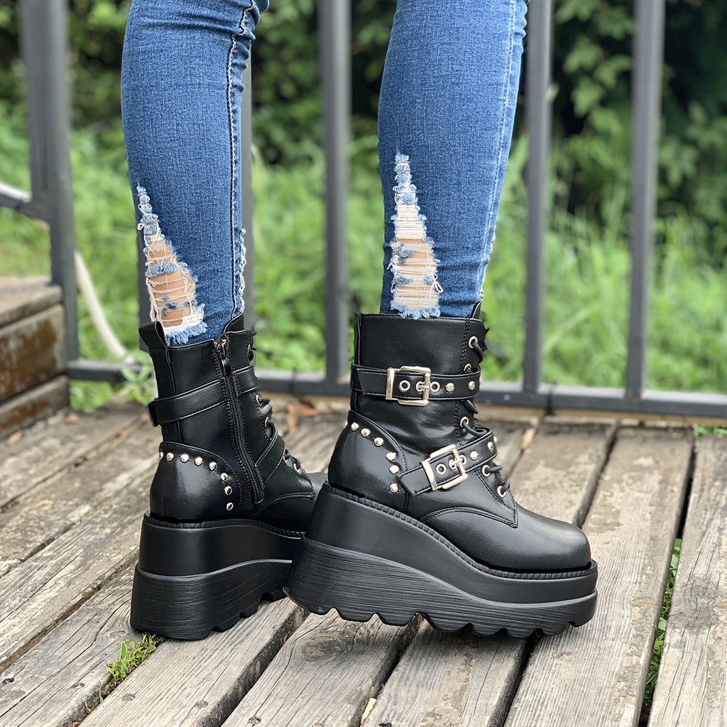 Women'S Chunky Platform Boots - Gothic Punk Boots with Lace-Up Closure, Thick Platform Heels for Height Increase, PU Sole - Edgy Gothic Punk Shoes for Concerts, Parties, Everyday - Synthetic Cover Gothic Footwear Gift for Wom