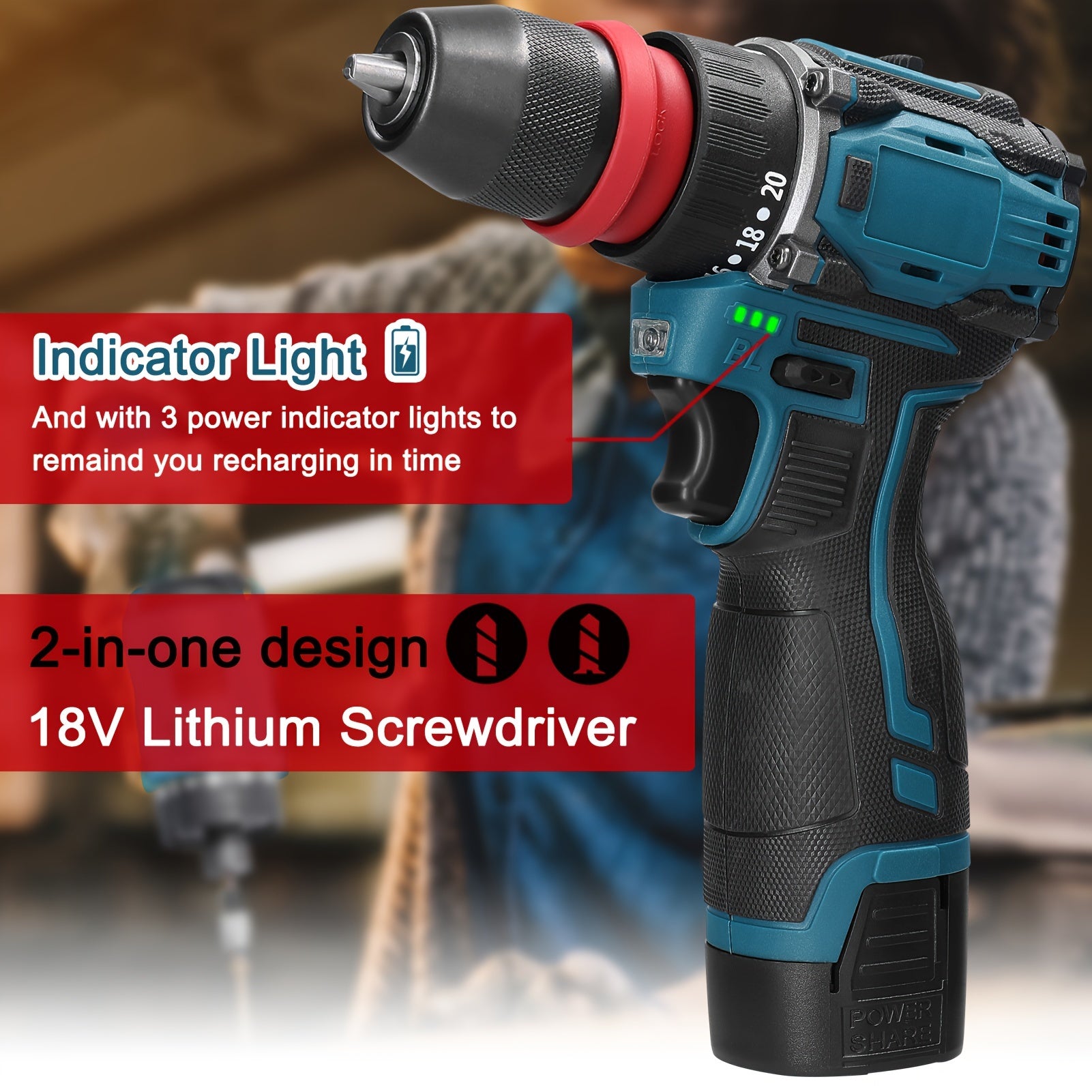 LIXADA 18V 2in1 Lithium Drill Electric Screwdriver Multi-function Power Tool 45Nm Torque Brushless Motor Practical Screw Driver For Home Appliances Furniture Installation Automotive Electronics