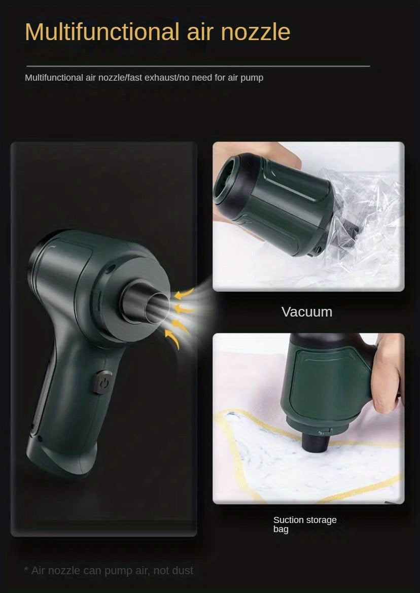 A Three In One Wireless Vacuum Cleaner With A High Power, Which Can Be Used For Suction, Air Extraction, And Blowing, Both In The Car And At Home. It Has An Extended Battery Life, Can Absorb Dust, Debris, Pet Hair, Air Extrac