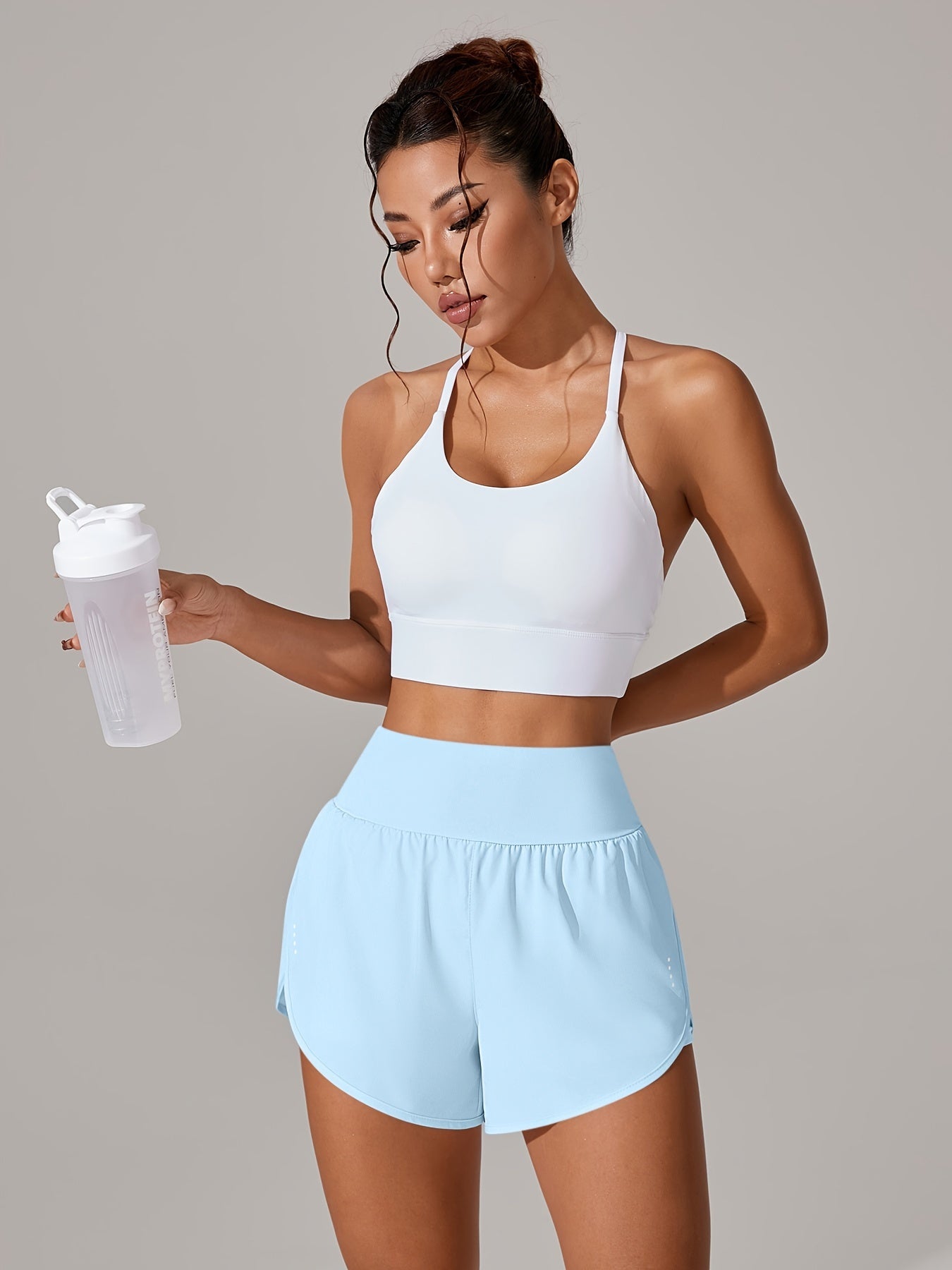 [Yoga Activewear] Women's Light Blue Yoga Shorts - Casual & Loose-Fit, High-Waisted with Ruffle Detail, Stretchy Polyester-Elastane Blend, Machine Washable, Perfect for Spring/Summer/Fall