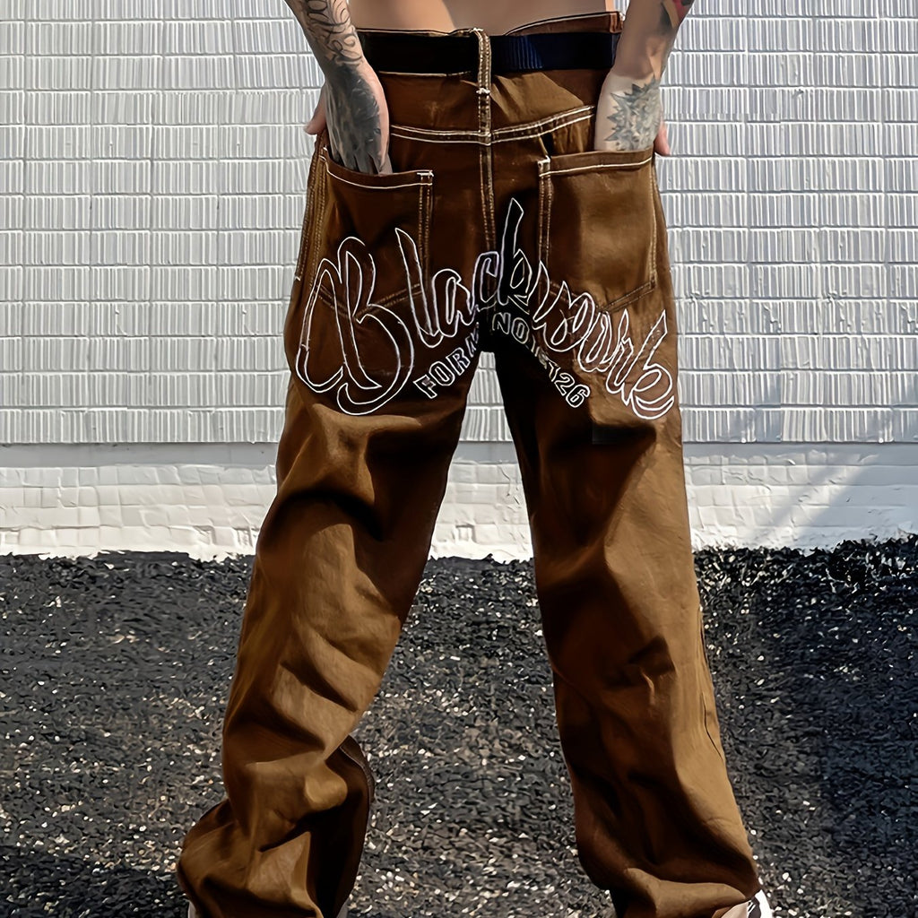 Y2k Letter Print Wide Leg Loose Fit Jeans, Men's Casual Slightly Stretch Street Style Multi Pocket Baggy Denim Pants For Spring Summer
