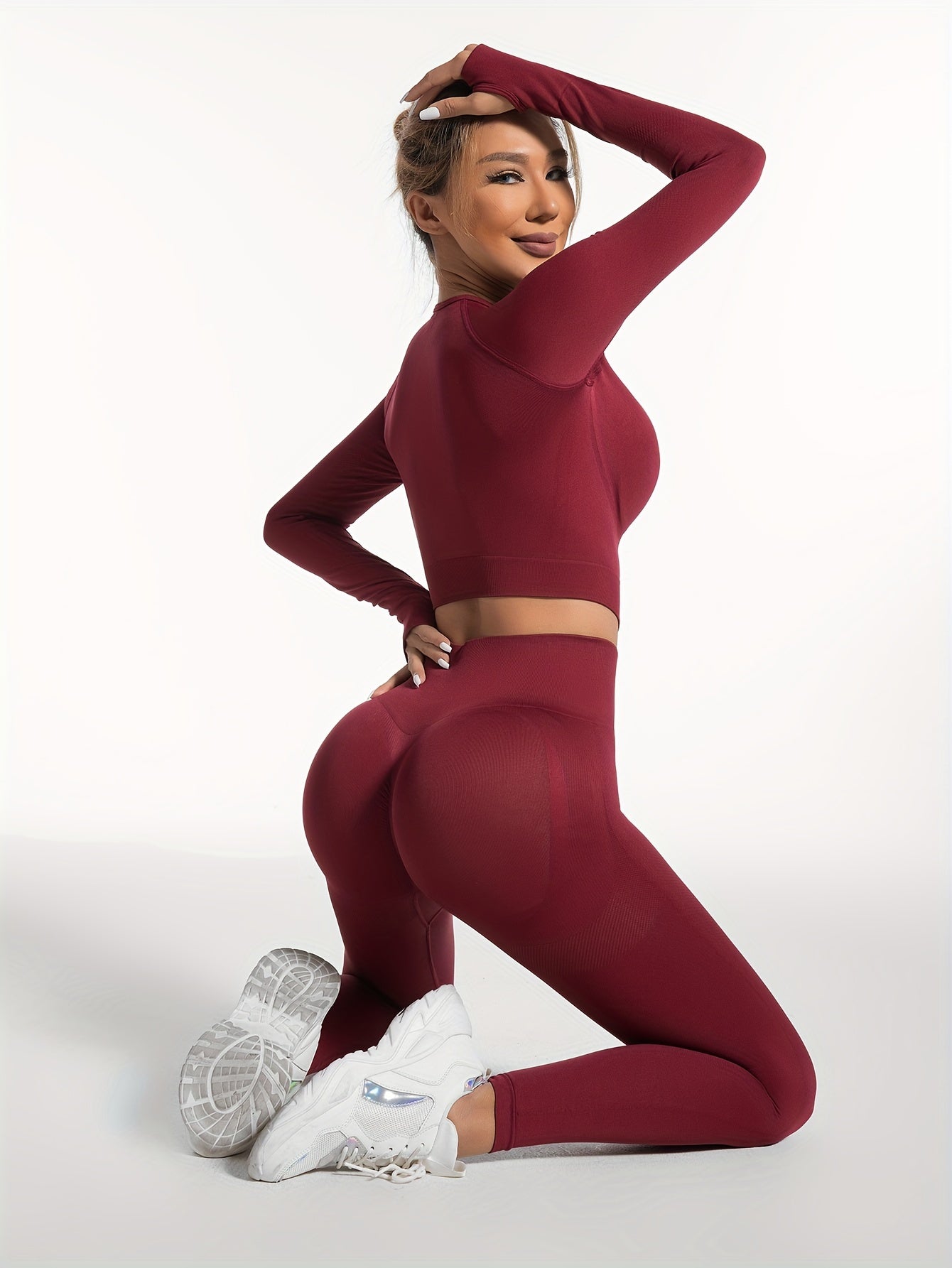 Women's Yoga Sports Suits, Seamless Stretchy Fitness Suits, Long Sleeve Thumb Hole Cropped Top & Slimming Leggings, Women's Activewear