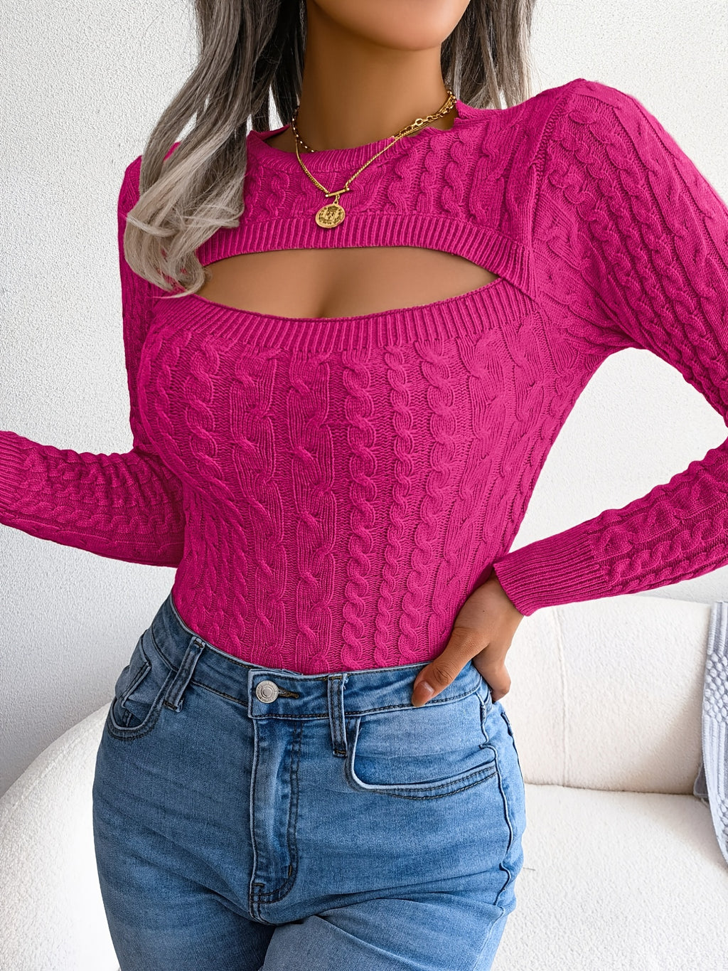Women'S Sexy Hollow-Out Knit Pullover Sweater, Long Sleeve Crew Neck, Skinny Fit, Acrylic Blend (Polyester 28%, Polyamide 22%, Viscose 28%), High Stretch Fabric, Solid Color, Spring/Fall Fashion Top