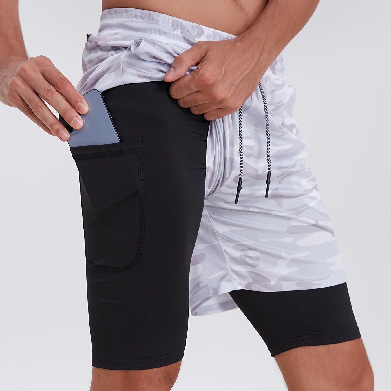 Men's 2 In 1 Workout Running Shorts, Quick Dry Athletic Gym Training Multicolor Shorts With Phone Pockets