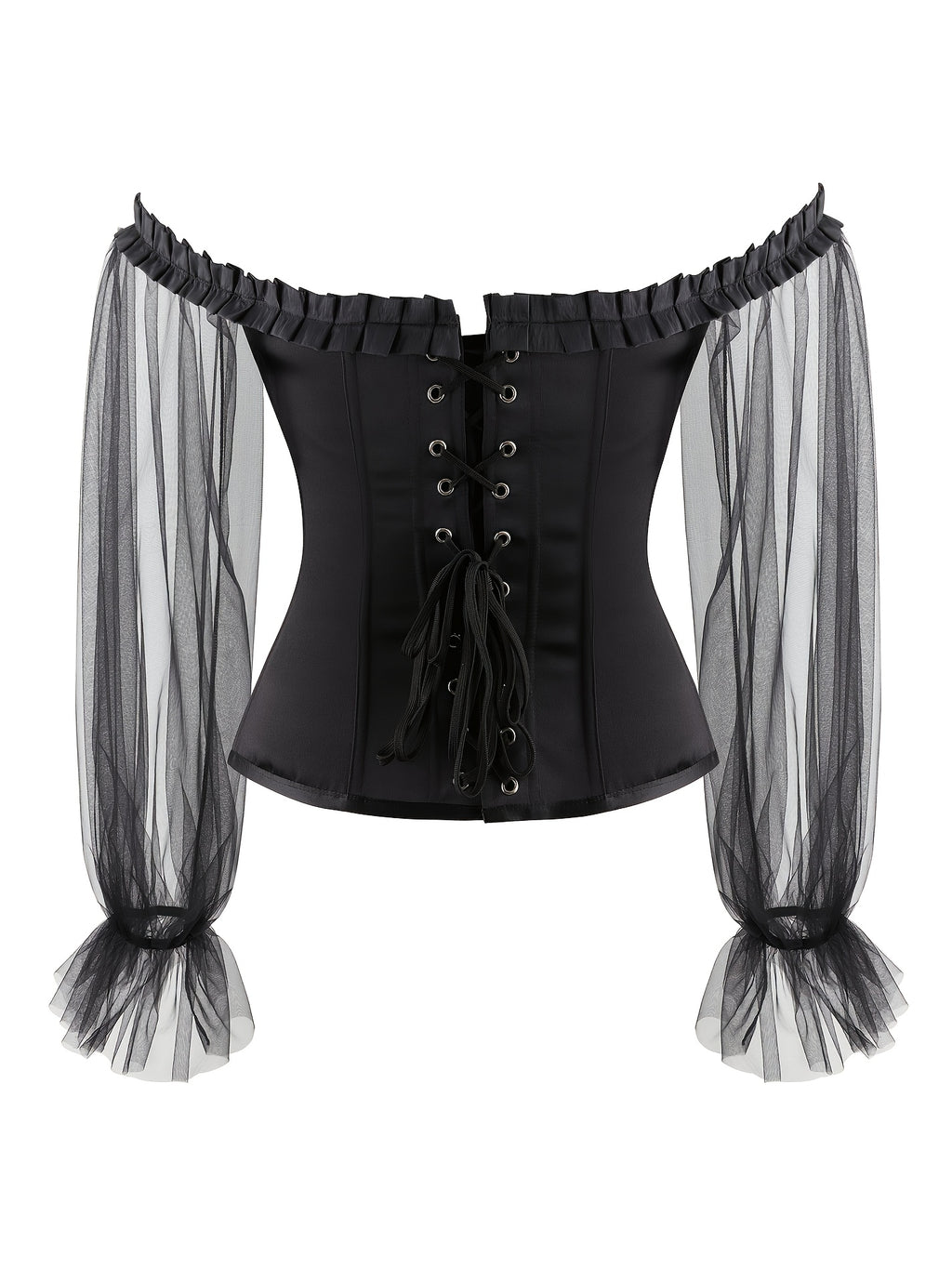 Off Shoulder Neck Corsets For Women Sheer Mesh Long Puff Sleeve Overbust Corset Gothic Lace-up Boned Bustier Tops Black