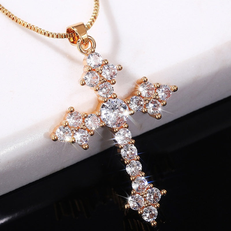 Dainty Cross Shape Pendant Necklace Inlaid Round Cut Shiny Zirconia Good Lucky Adjustable Clavicle Chain