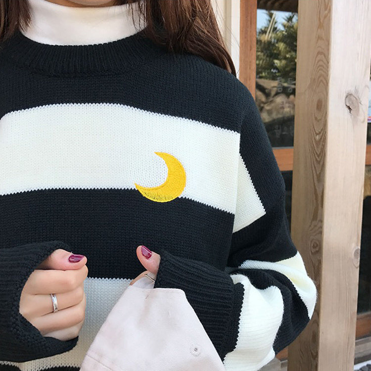 Kawaii Round Neck Striped Pullover Sweater, Casual Every Day Top For Winter & Fall, Women's Clothing