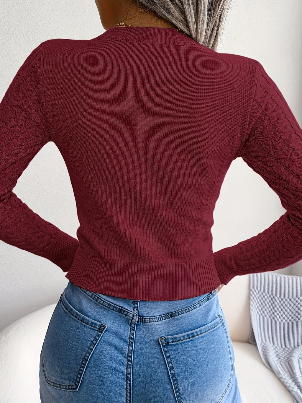 Women'S Sexy Hollow-Out Knit Pullover Sweater, Long Sleeve Crew Neck, Skinny Fit, Acrylic Blend (Polyester 28%, Polyamide 22%, Viscose 28%), High Stretch Fabric, Solid Color, Spring/Fall Fashion Top