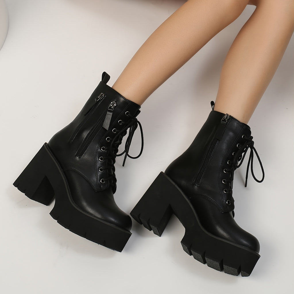 Women's Solid Color Platform Boots, Side Zipper Casual Chunky Heel Ankle Shoes, Winter Round Toe Trendy Boots