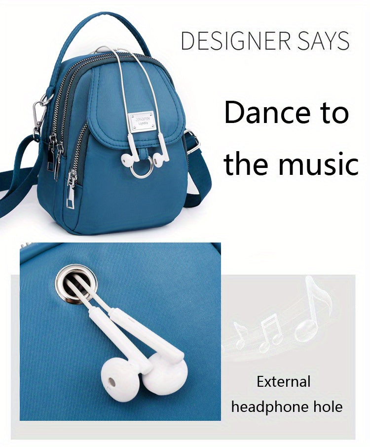 OGEHUAFEE Women'S Light Blue Nylon Shoulder Bag - Casual Mini Crossbody with Adjustable Strap, Multi-Layer, External Headphone Hole, Solid Color, Secure Zip Closure, Small Crossbody Bag