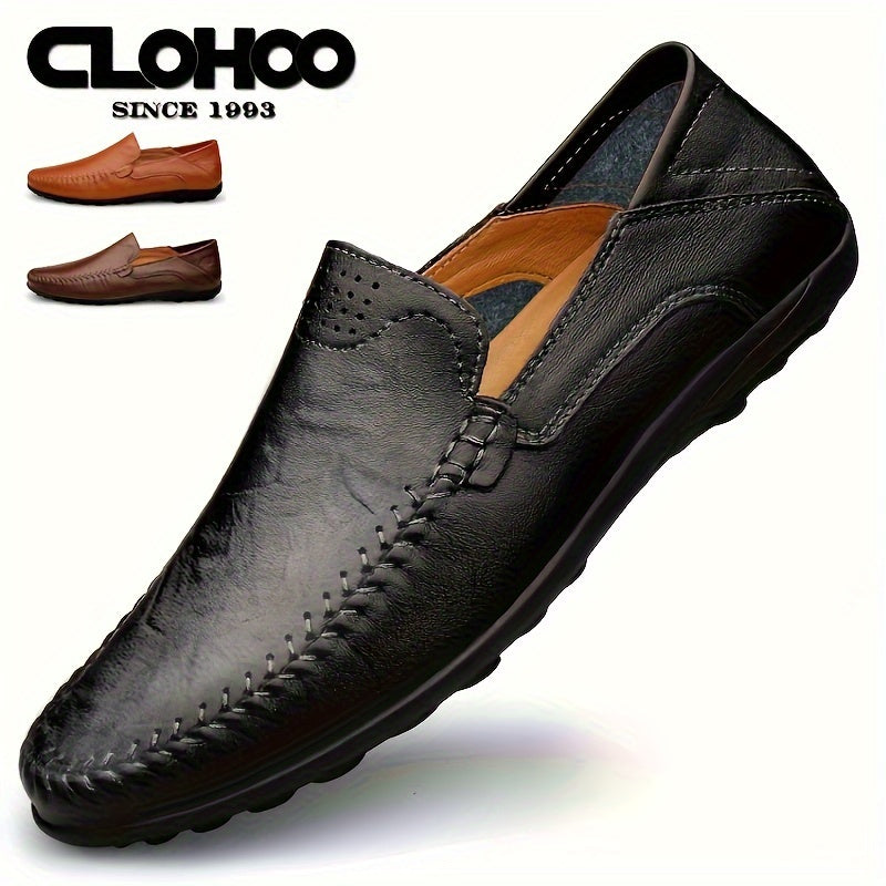 CLOHOO Men's Genuine -like Upper Slip-On Dress Loafers - All-Season Round-Toe Business Casual Shoes with PU, Brown/Black, Durable Rubber Sole for Office, Vacation & Formal Wear (No Laces/Ties)