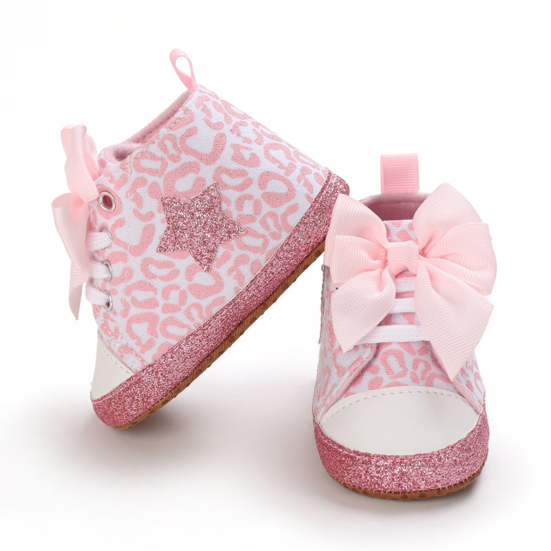 Infant Baby Gils Canvas Shoes, Soft-soled Non-slip High Top First Walker Shoes With Bow Decor