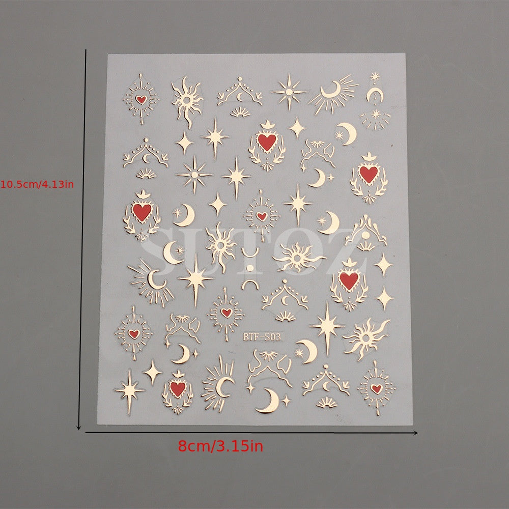 Golden Sun, Moon, and Star Nail Art Stickers - Self-Adhesive 3D Decals for French Nail Design and DIY Decoration