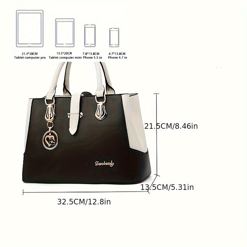 Women's Letter Detail Shoulder Bag, Elegant Double Handle Purse, Simple Large Handbag For Work