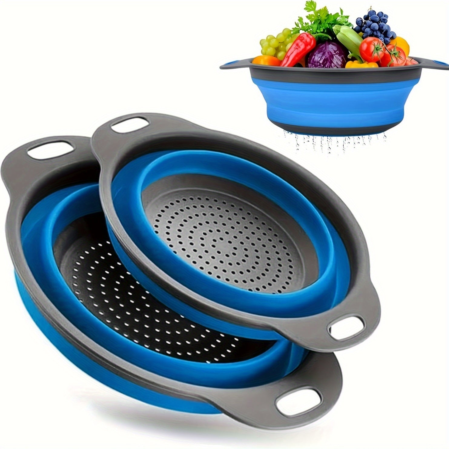 1/2 Set of Round Kitchen Draining Baskets, Foldable Funnel - Includes One Large And One Small, Perfect for Draining Pasta, Vegetables, And Fruits (Green, Red, Blue)