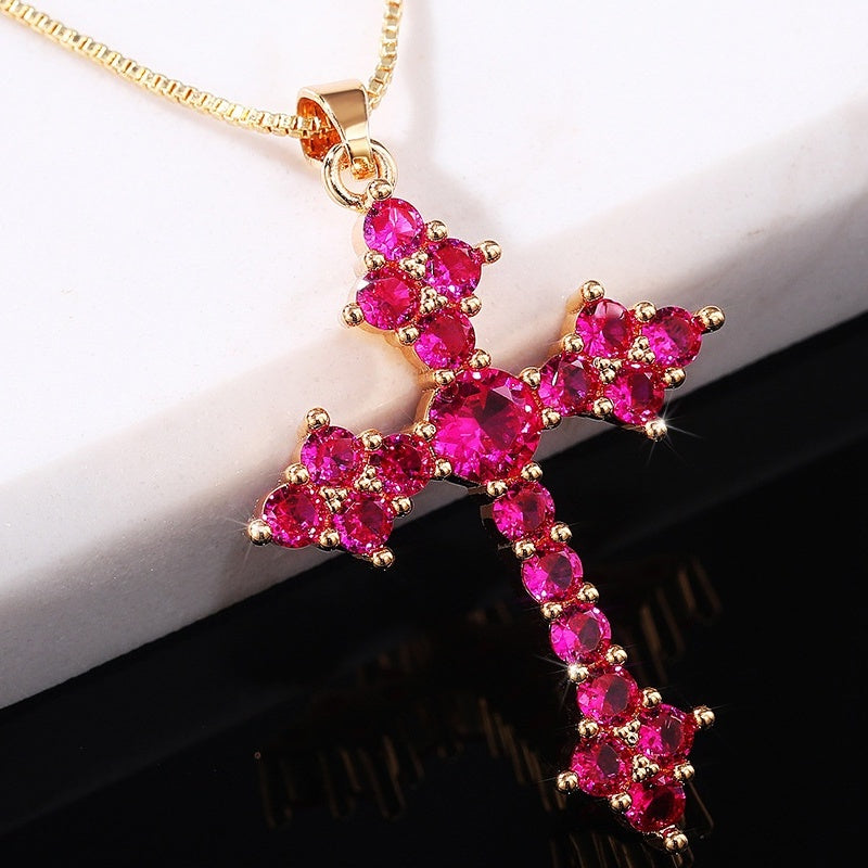Dainty Cross Shape Pendant Necklace Inlaid Round Cut Shiny Zirconia Good Lucky Adjustable Clavicle Chain