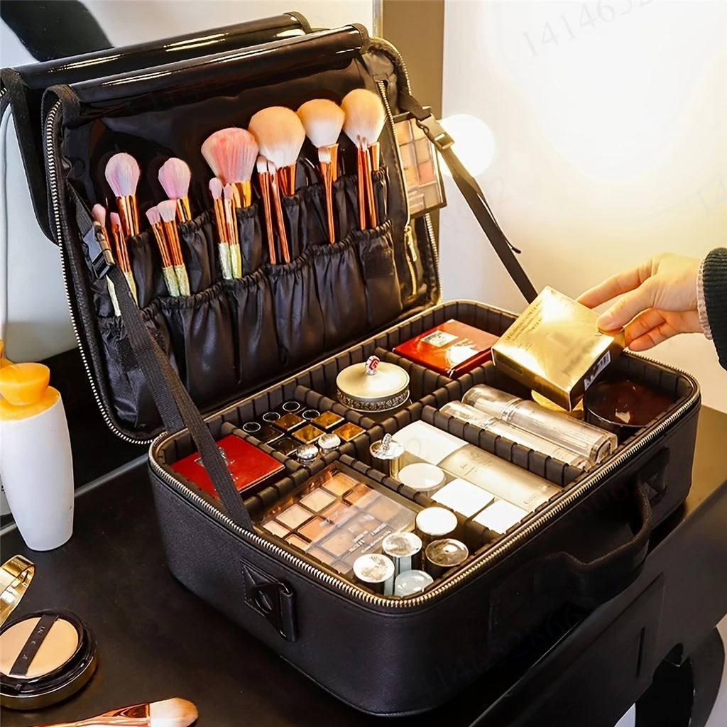 1pc Large Capacity Waterproof Cosmetic Organizer Case with Adjustable Compartments, Durable Detachable Makeup Brushes & Mirror Holder, Multiple Pockets for Travel, Professionals & Daily Use