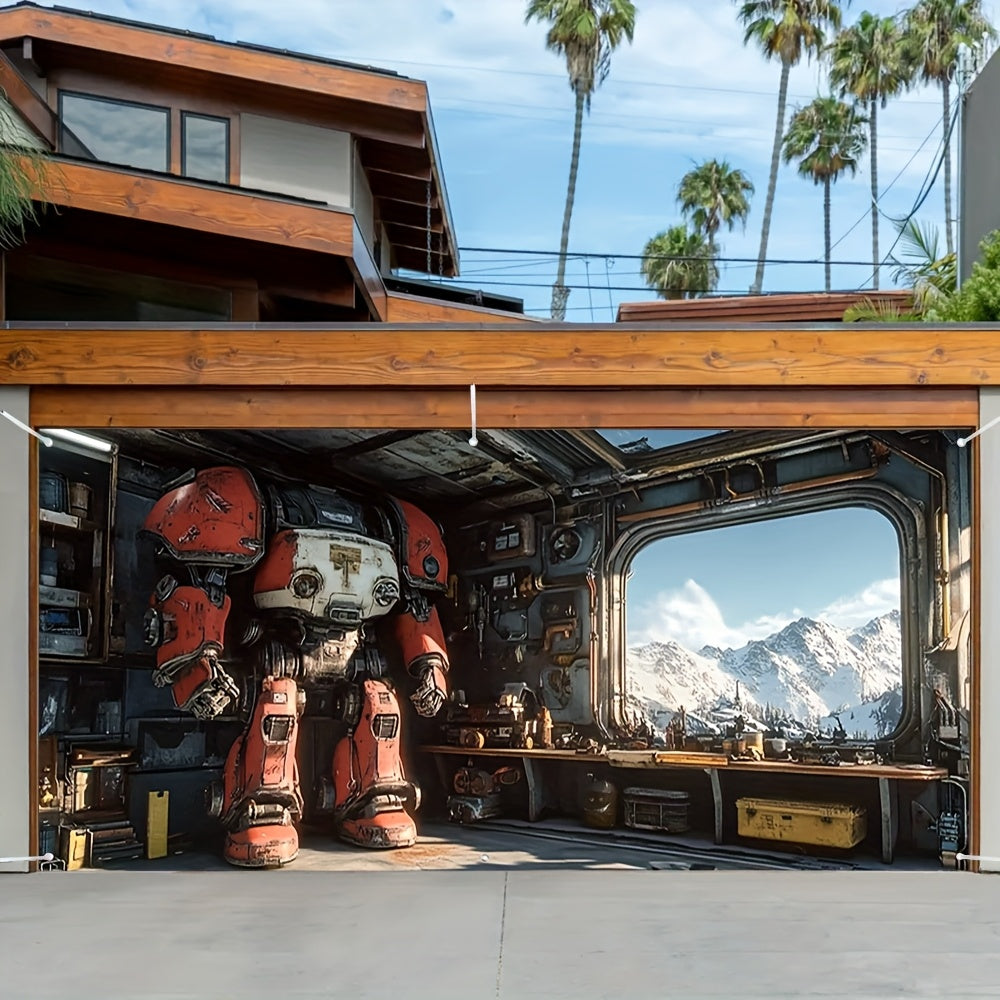 2D Door Banner, 1pc 2D Flat Printing Robot Mechanic Workshop Garage Door Mural Garage Door Banner Vibrant Outdoor Decoration, Large Fabric Cover, Easy Installation, Ideal for Weddings, Parties, and Special Events