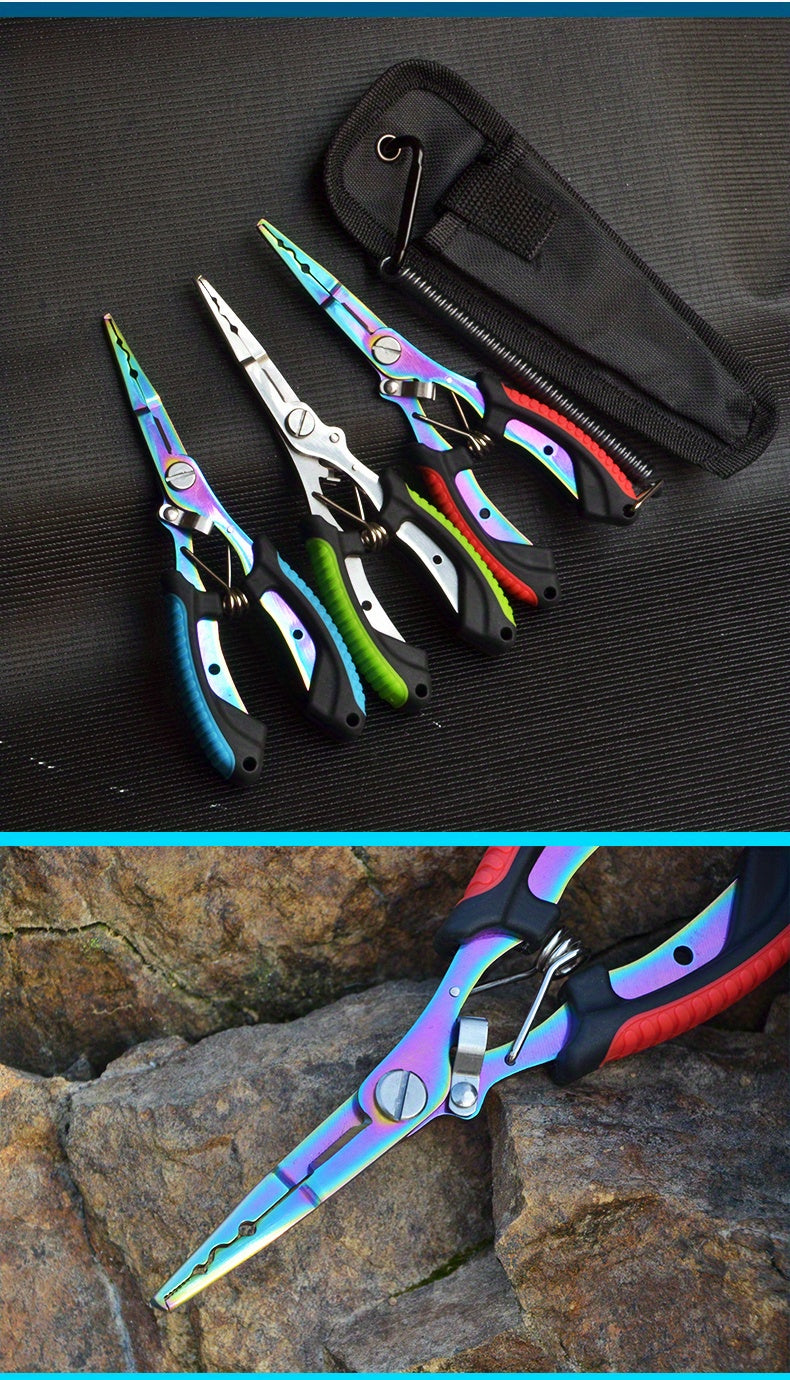 [Stainless Steel Fishing Pliers] Multi-Function Stainless Steel Fishing Pliers - Hooked Bent Nose - Color Titanium Open Ring Line Cutter - Lead Pressing Anti-Slip Handle