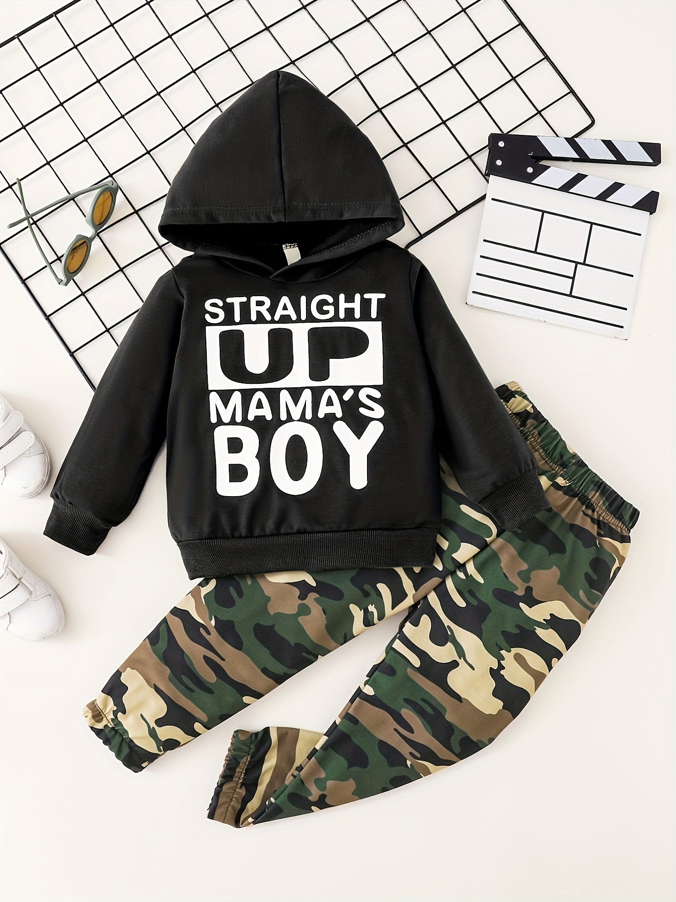 Boy's Casual Hoodie With Slogan + Camo Pants For Autumn & Winter Daily And Outdoor Wear