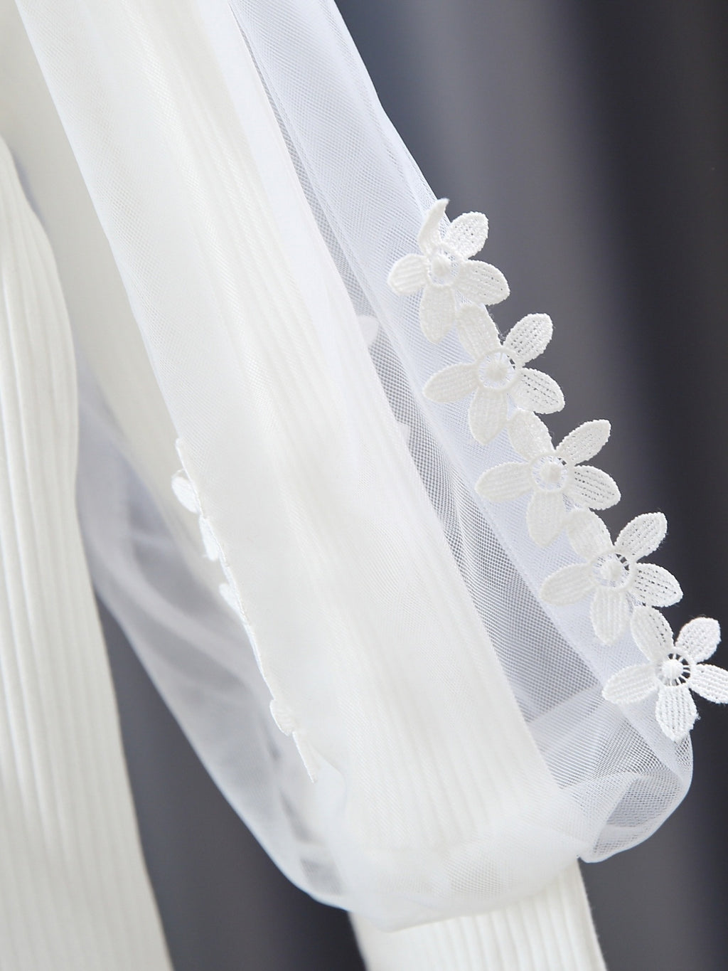 Girls Long Puff Sleeve Flower Lace Splicing Ruffles Round Neck Ribbed T-Shirts Tops Kids Clothes