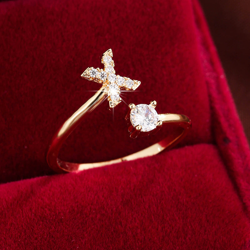 Adjustable Copper Ring With Four-claw Round Zirconia, Featuring The 26 English Letters Of Fashion Trend.