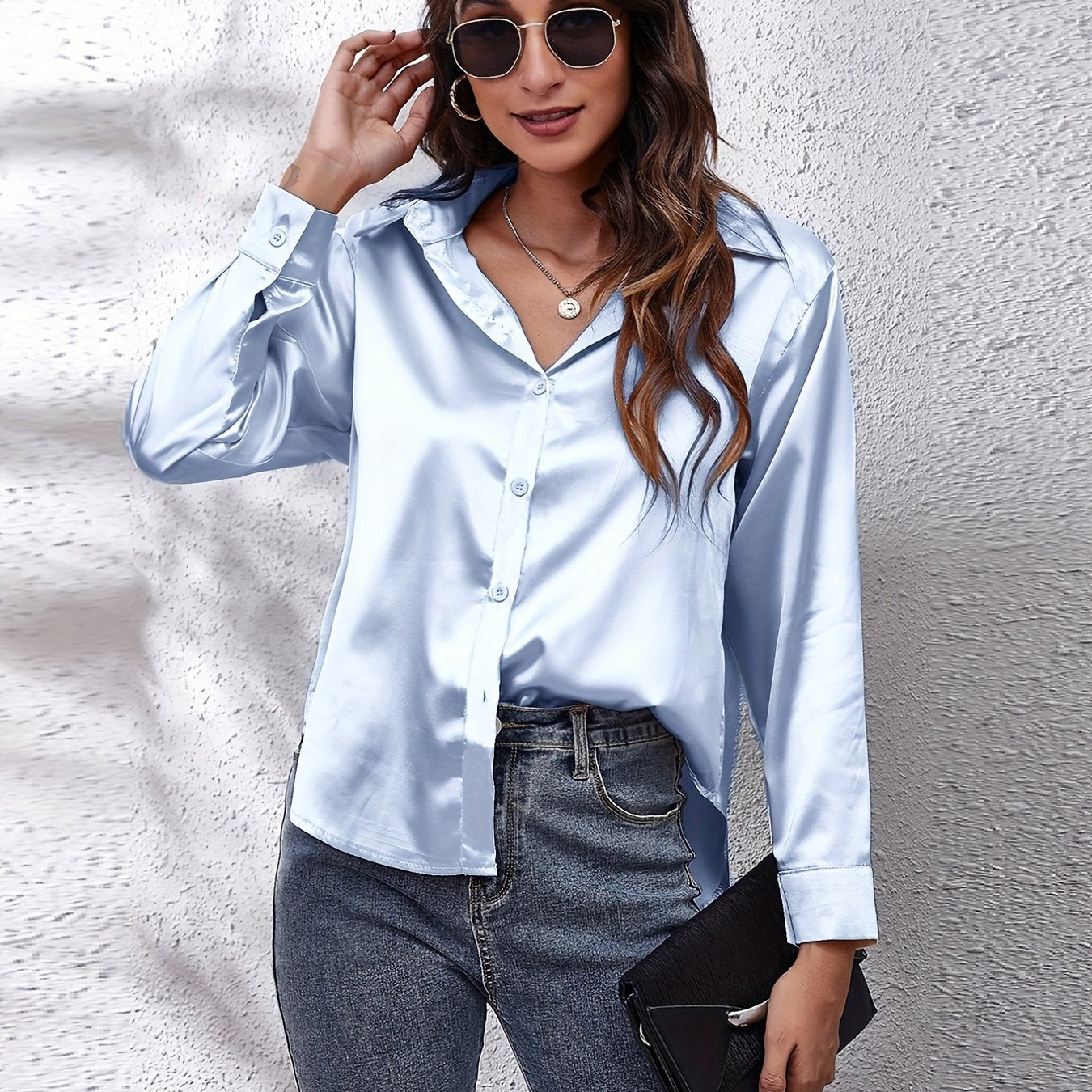 Solid Color Long Sleeve Button Down Tops, Business Casual Blouses For All Seasons, Women's Clothing