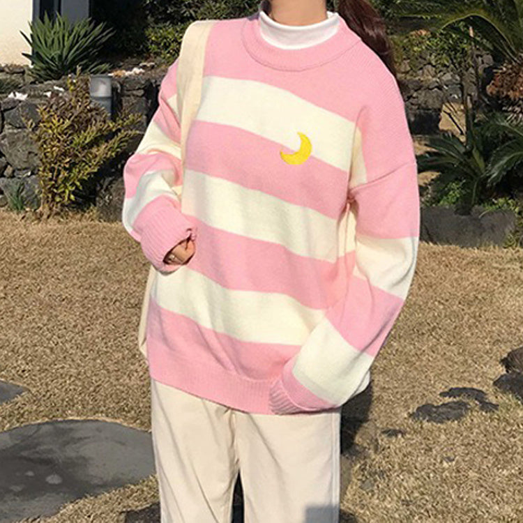Kawaii Round Neck Striped Pullover Sweater, Casual Every Day Top For Winter & Fall, Women's Clothing