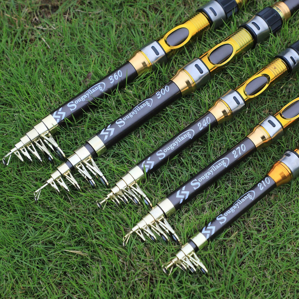 [Quality Construction] Sougayilang Ultralight Carbon Fiber Spinning Fishing Rod - Portable, Medium Action, 204.83-299.92cm Extendable Length, Black & Golden with Comfort Grip Handle - Ideal for All Anglers